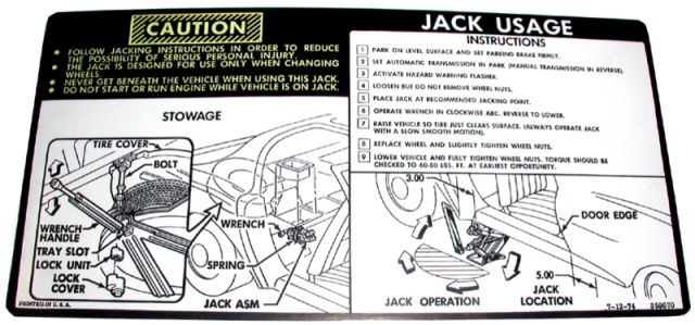 1975-1978 C3 CORVETTE JACKING INSTRUCTIONS DECAL. #E10679