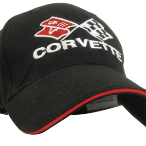C3 1968-1982 Chevrolet Corvette Cap. Crossed Flags - Black W/Red Trim - #25940