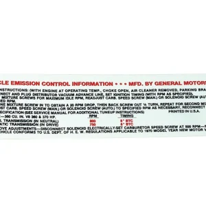 C3 1970 Chevrolet Corvette Label. Emission 370 Horsepower LT1 – (CT) #0254